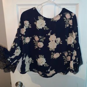 Blue Dress Shirt with Floral Print/Lace Sleeves
